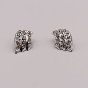Vintage 1950's Rhinestone Clip On Earrings -Silver Tone